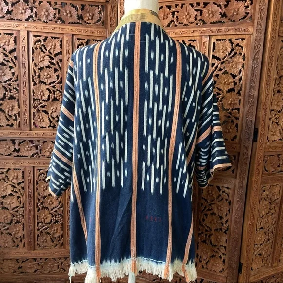 Vintage Handmade African Ikat Tribal Open Front Kimono with Fringe - Picture 6 of 13